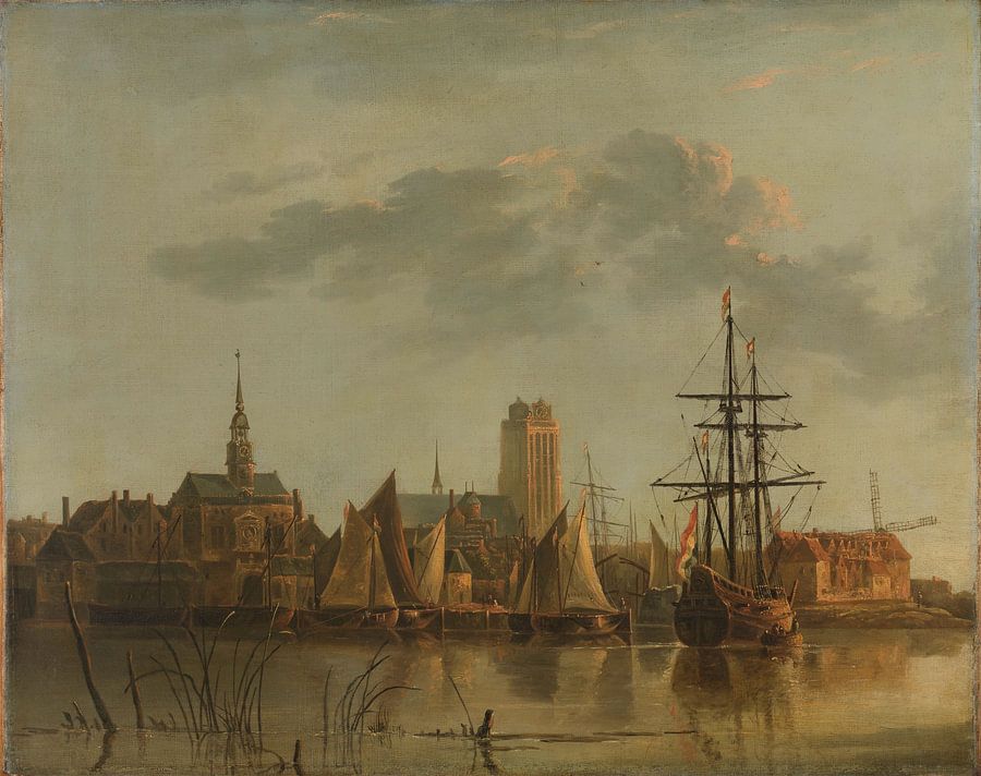 Gezicht op Dordrecht bij zonsondergang