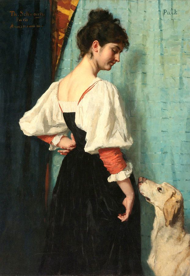 Portret van een jonge vrouw met hond Puck